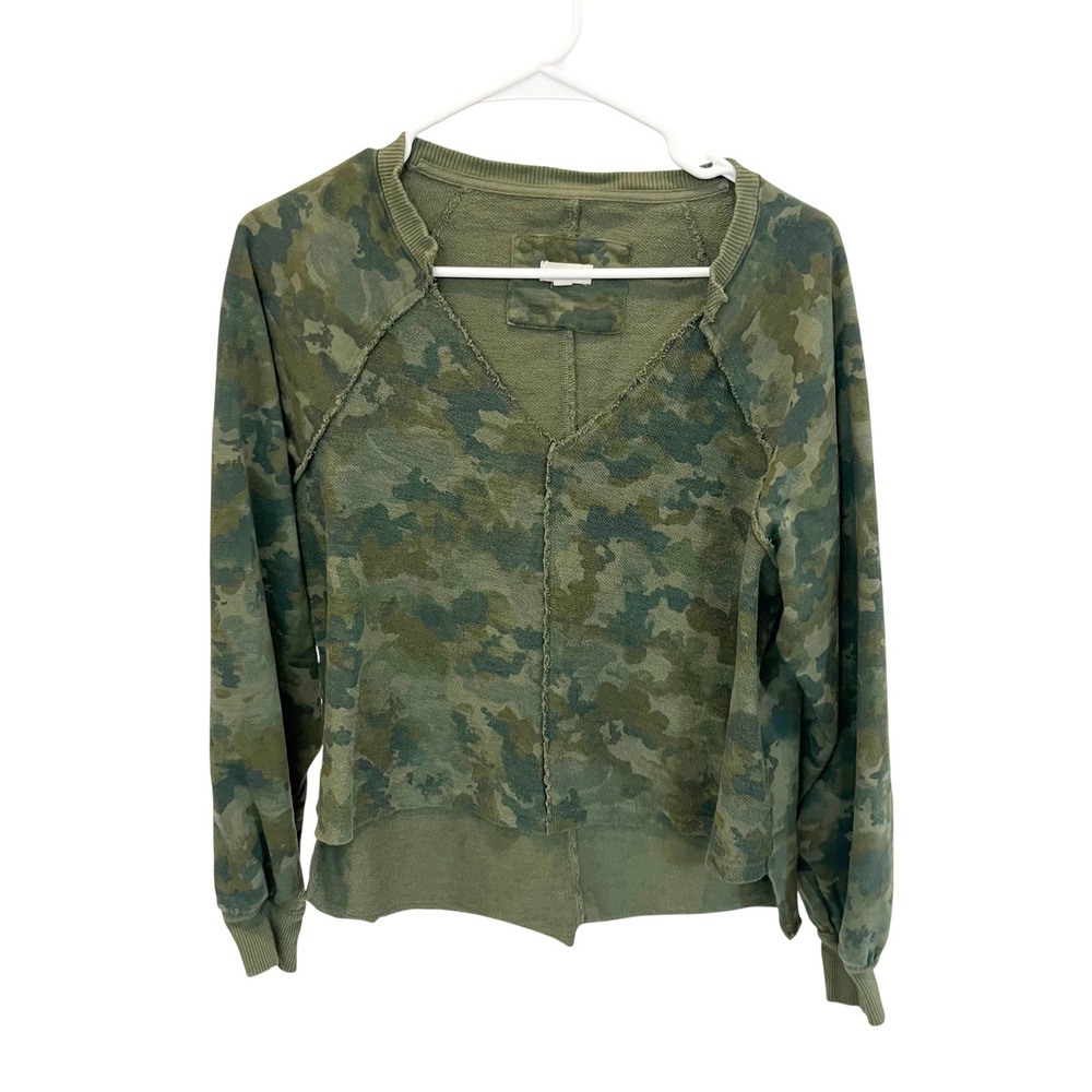 Anthropologie Pilcro Green Camo V-Neck Sweatshirt Raw Edge French Terry XS